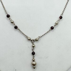 Sterling Silver And Garnet Beaded Y Drop Dainty Necklace Minimalist Classic Y2K